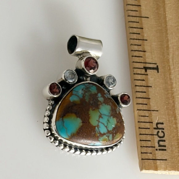 Solid Sterling Silver 925 Red Garnet Turquoise Pendant Southwest Vintage Style - Picture 4 of 6